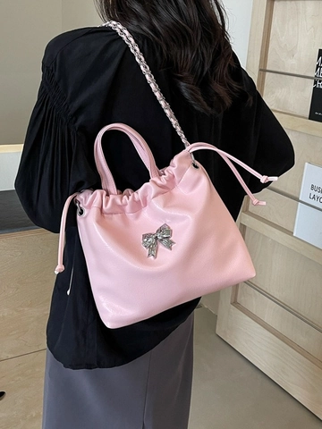 Mode Damen Eimer Rucksack PU Leder Kordelzug Tasche Mit Metall Schleife Kette Große Kapazität Pendler Reise Schulter Rucksack