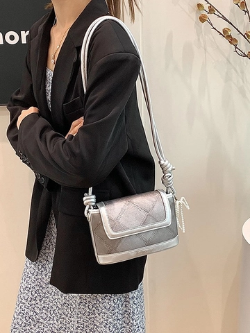Women Korean Style PU Leather Quilted Bucket Shoulder Bag Fashion Crossbody Bag With Artificial Pearl Charm Knotted Strap Trendy Handbag