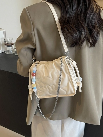 Mode Femmes Sac Seau en Cuir PU Motif Matelassé Étoile Lapin Perles Colorées Chaîne Sac à Bandoulière Cordon de Serrage