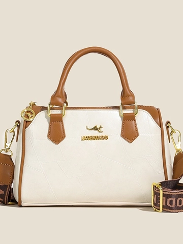 Women's Vintage Boston Bag Wide Strap Contrast Color Crossbody Handbag PU Leather Splicing Pillow Bag With Kangaroo Logo