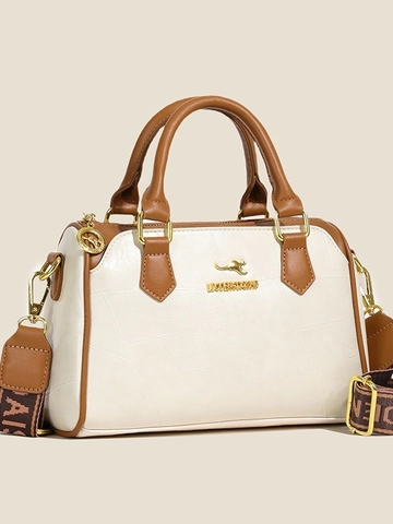Women's Vintage Boston Bag Wide Strap Contrast Color Crossbody Handbag PU Leather Splicing Pillow Bag With Kangaroo Logo