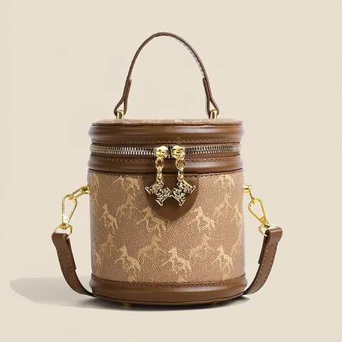 Borsa a Secchiello da Donna con Stampa a Cavallo Retrò in Pelle PU Cilindro Con Ciondolo a Cavallo Moda Borsa a Tracolla