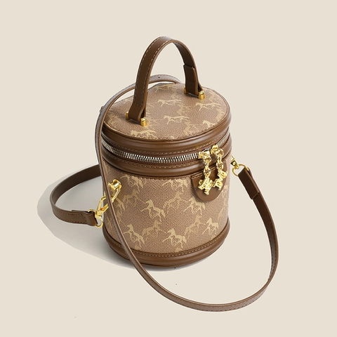 Borsa a Secchiello da Donna con Stampa a Cavallo Retrò in Pelle PU Cilindro Con Ciondolo a Cavallo Moda Borsa a Tracolla