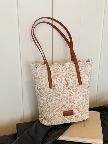 Vintage Blumen Spitze Tragetasche Für Damen Große Kapazität Schultertasche Mit PU Ledergriffen Hohl Koreanischen Stil Handtasche