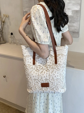 Vintage Blumen Spitze Tragetasche Für Damen Große Kapazität Schultertasche Mit PU Ledergriffen Hohl Koreanischen Stil Handtasche