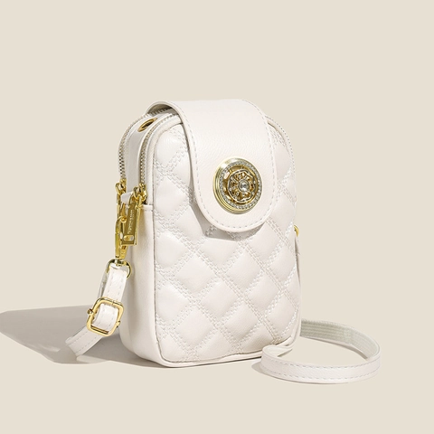 Women Quilted PU Leather Phone Crossbody Bag Diamond Pattern Shoulder Bag Gold Metal Buckle Small Square Flap Bag For Daily Casual Street Style Women Accessories