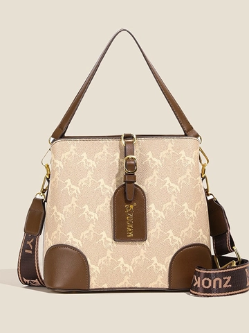Borsa a Secchiello in Pelle PU Con Stampa a Cavallo Vintage Per Donna Tracolla Larga Moda Borsa a Spalla Casual