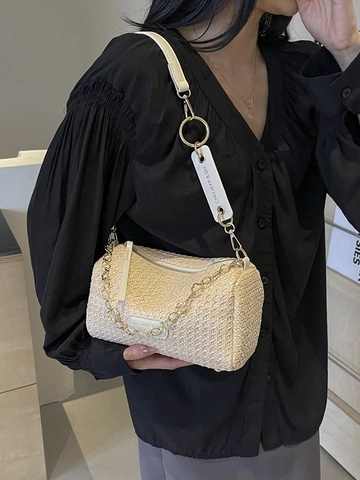 Borsa a Tracolla Cilindrica in Paglia Intrecciata Bohémien Per Donna Estate Spiaggia Vacanza Catena Crossbody