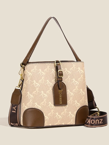 Borsa a Secchiello in Pelle PU Con Stampa a Cavallo Vintage Per Donna Tracolla Larga Moda Borsa a Spalla Casual