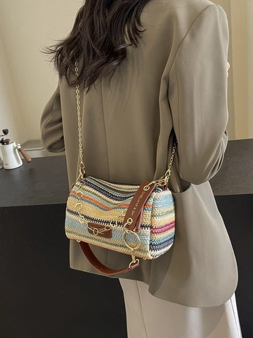 Borsa a Tracolla Cilindrica in Paglia Intrecciata Bohémien Per Donna Estate Spiaggia Vacanza Catena Crossbody