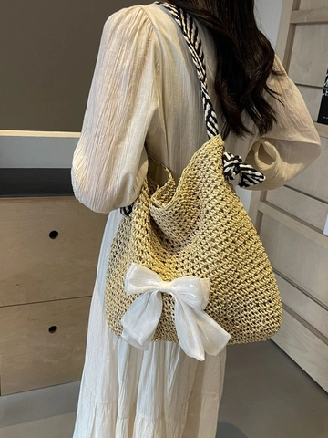 Borsa Tote in Paglia Intrecciata Grande Capacità per Donna Estate Spiaggia Vacanze Borsa a Tracolla Fiocco Decorativo