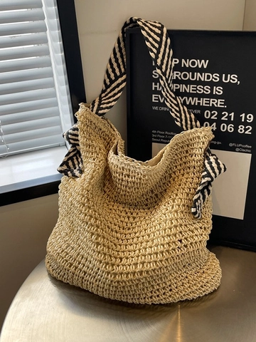 Borsa Tote in Paglia Intrecciata Grande Capacità per Donna Estate Spiaggia Vacanze Borsa a Tracolla Fiocco Decorativo