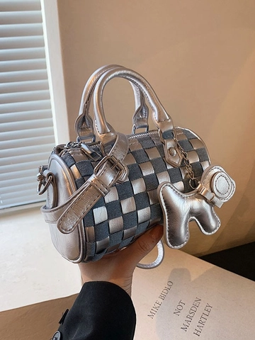 Bolso Boston Mini para Mujer Cilíndrico Tejido de Cuadritos Bandoulière Azul Denim Plata Metálico Cuero PU Colgante de Animal