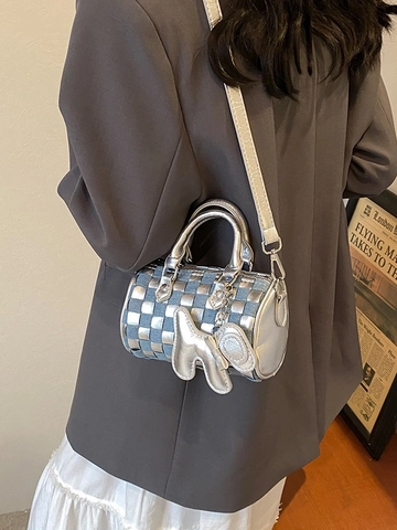 Bolso Boston Mini para Mujer Cilíndrico Tejido de Cuadritos Bandoulière Azul Denim Plata Metálico Cuero PU Colgante de Animal