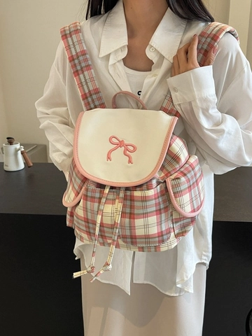 Preppy Style Plaid Backpack For Women Girls Cute Bow Embroidery Canvas Rucksack For School Travel Daily Use Fashion Bag