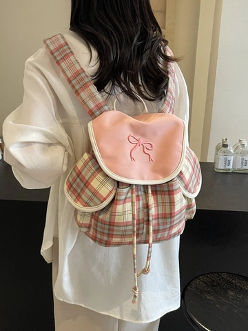 Preppy Style Plaid Backpack For Women Girls Cute Bow Embroidery Canvas Rucksack For School Travel Daily Use Fashion Bag