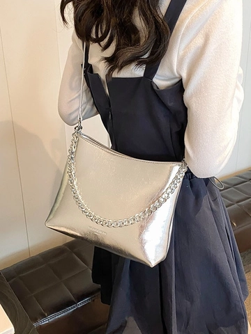 Women Metallic PU Leather Chain Shoulder Bag Shiny Crinkled Texture Bucket Underarm Bag Fashion Crossbody Handbag For Daily