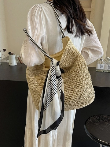 Borsa Tote in Paglia Casual da Donna Grande Capacità Borsa a Spalla da Spiaggia Con Decorazione Sciarpa di Raso a Righe