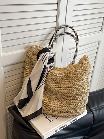 Borsa Tote in Paglia Casual da Donna Grande Capacità Borsa a Spalla da Spiaggia Con Decorazione Sciarpa di Raso a Righe