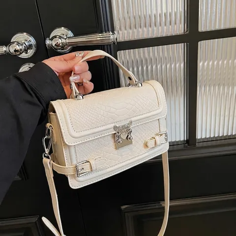 Women Retro Crocodile Pattern Embossed PU Leather Small Square Bag Top Handle Silver Wing Lock Crossbody Handbag