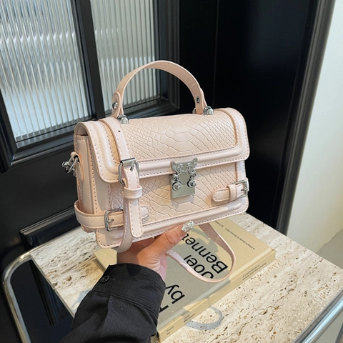 Women Retro Crocodile Pattern Embossed PU Leather Small Square Bag Top Handle Silver Wing Lock Crossbody Handbag