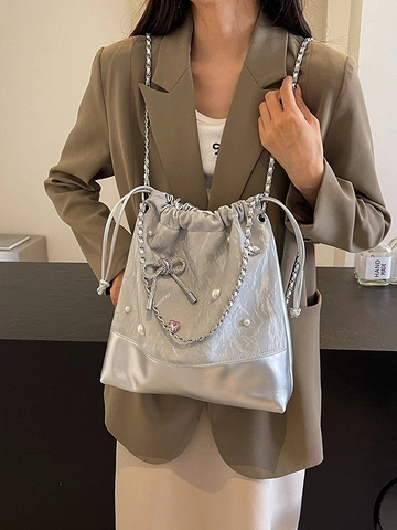 Women Fashion Drawstring Bucket Backpack PU Leather Chain Strap With Pearl Rhinestone Butterfly Bow Heart Pendant Pleated