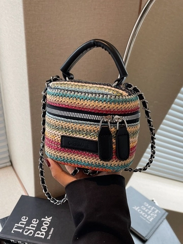 Mini Bohemian Strogevlochten Crossbodytas Voor Dames Gestreepte Zomer Strand Vierkante Handtas Met Kettingriem En Dubbele Rits