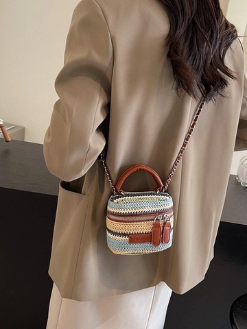 Mini Bohemian Strogevlochten Crossbodytas Voor Dames Gestreepte Zomer Strand Vierkante Handtas Met Kettingriem En Dubbele Rits