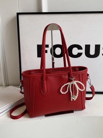 Fashion Women Lychee Pattern PU Leather Tote Bag With Pearl Bowknot Pendant Mini Shoulder Crossbody Handbag For Daily Commute