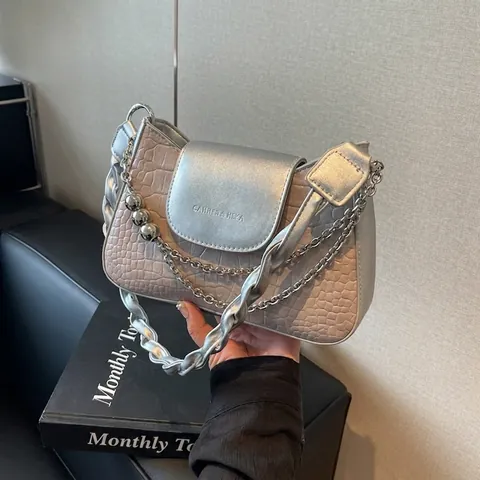 Damen Krokodilmuster Schultertasche PU-Leder Unterarmtasche Modische Handtasche Mit Metallkette Perlendekoration Und Geflochtenem Riemen