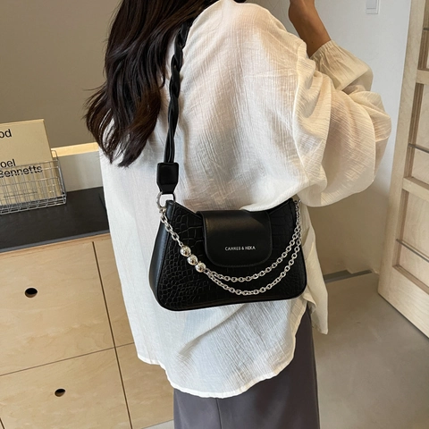Damen Krokodilmuster Schultertasche PU-Leder Unterarmtasche Modische Handtasche Mit Metallkette Perlendekoration Und Geflochtenem Riemen