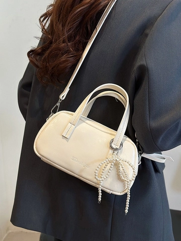 Bolso de Mano de Cuero PU Metálico para Mujer con Colgante de Lazo de Perlas Artificiales Pequeño Bolso Cuadrado Retro de Bandolera para Uso Diario