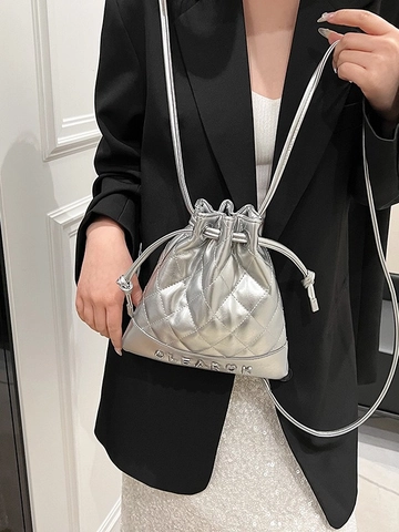 Fashion Women Quilted PU Leather Drawstring Bucket Backpack High Quality Street Trend Travel Casual Daypack Metal Letters