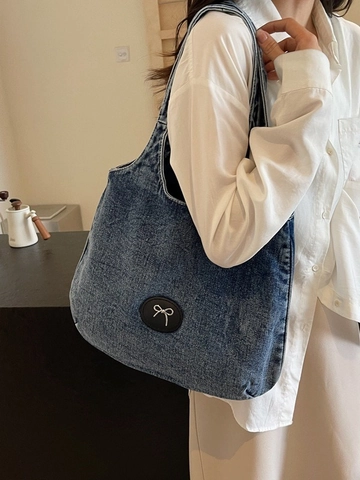 Women Large Capacity Washed Denim Tote Bag Retro Bow Knot Casual Shoulder Bag Student Commuting Shopping Handbag