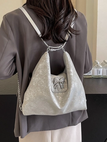 Damen Mode Schleife PU Leder Rucksack Multifunktional Große Kapazität Tote Schultertasche Silber Rosa Schwarz Beige