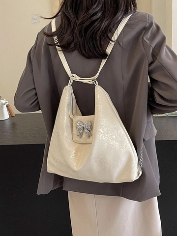 Damen Mode Schleife PU Leder Rucksack Multifunktional Große Kapazität Tote Schultertasche Silber Rosa Schwarz Beige