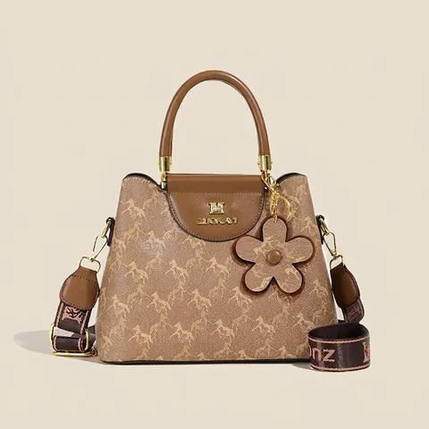Borsa a Secchiello in Pelle PU Con Stampa Cavallo Retro per Donna Moda Tracolla Larga Borsa a Spalla Con Ciondolo a Fiore