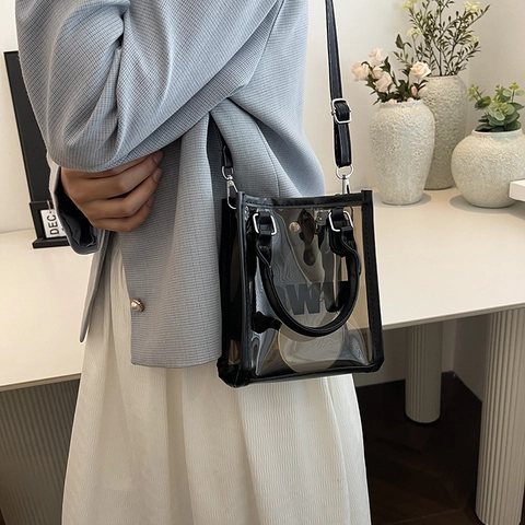 Women Fashion Transparent PVC Small Square Bag Frosted Jelly Crossbody Handbag With PU Leather Trim Adjustable Strap Daily