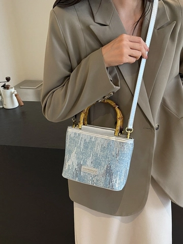Sac Seau en Denim à Paillettes pour Femmes Avec Poignée en Bambou Sac à Bandoulière Rétro Petit Sac à Main