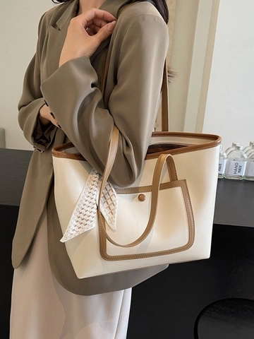 Bolso Tote para Mujer Cuero PU Gran Capacidad Color en Contraste Bolso de Hombro para Diario Con Pañuelo Decorativo Escuela