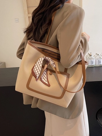 Bolso Tote para Mujer Cuero PU Gran Capacidad Color en Contraste Bolso de Hombro para Diario Con Pañuelo Decorativo Escuela