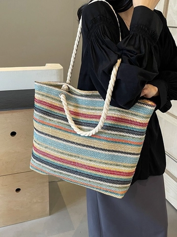 Borsa Tote in Paglia a Grande Capacità Righe Colorate Manico in Corda di Cotone Boho Estate Spiaggia Borsa a Spalla