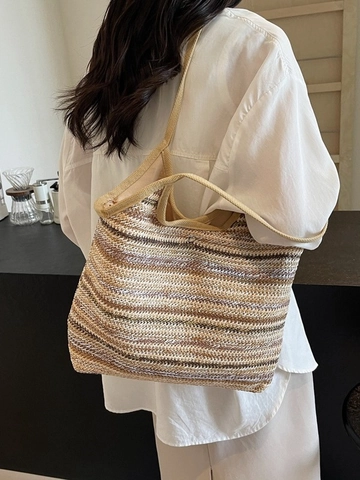 Große Kapazität Gewebte Stroh Tragetasche Sommer Strand Umhängetasche Für Damen Bohemian Streifen Handtasche Mit Magnetverschluss