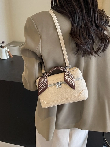 Women's Lychee Pattern PU Leather Small Square Bag With Satin Scarf Handle Retro Minimalist Shoulder Crossbody Handbag