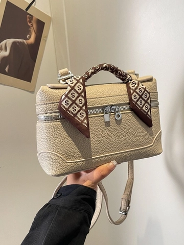 Women's Lychee Pattern PU Leather Small Square Bag With Satin Scarf Handle Retro Minimalist Shoulder Crossbody Handbag