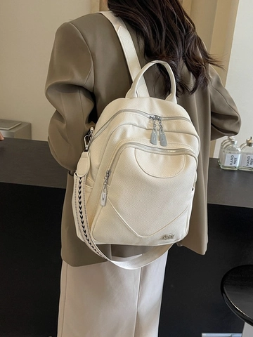 Fashion Korean Style PU Leather Backpack For Women Minimalist Litchi Grain Versatile Large Capacity Multi Pocket School Travel Bag With Wide Woven Strap