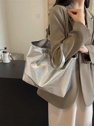 Bolso Tote de Gran Capacidad para Mujer Cuero PU Arrugado Acabado Metálico Bolso de Hombro Minimalista para Trabajo Escuela