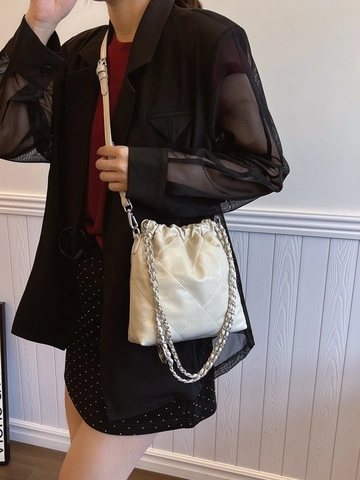 Sac Seau Matelassé à Losanges pour Femmes en Cuir PU Fermeture à Cordon Sac à Bandoulière Avec Chaîne en Métal Casual