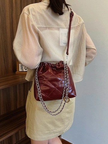 Sac Seau Matelassé à Losanges pour Femmes en Cuir PU Fermeture à Cordon Sac à Bandoulière Avec Chaîne en Métal Casual