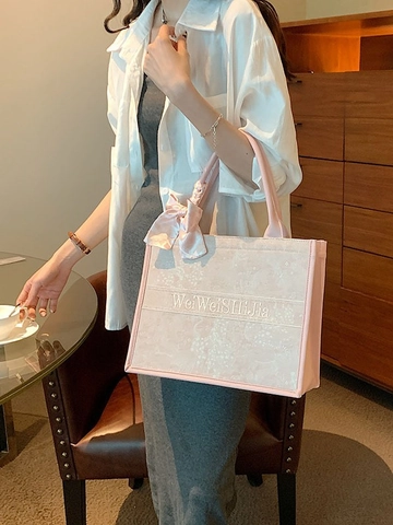 Sac Cabas Femme Jacquard Broderie Florale Grande Capacité Avec Poignée en Soie à Nœud Élégant Sac à Main de Travail Décontracté